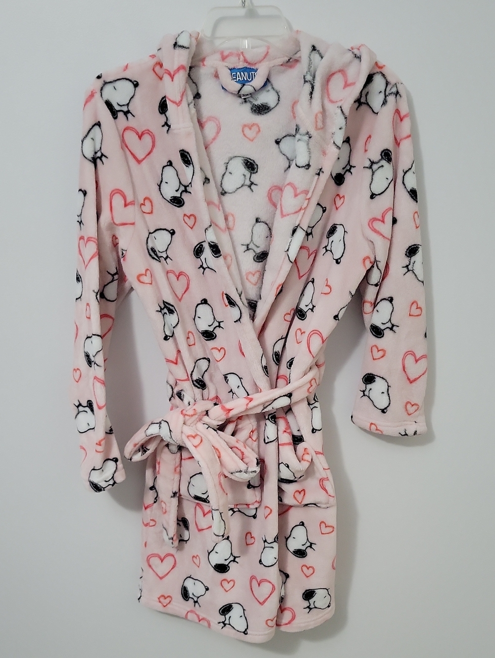 Peanuts Pink Snoopy Plush Hooded Robe with Heart Print, Size S/M